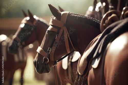 Close-up image of polo horses and ponies in a paddock, saddled up for a game with polo saddles. Generative AI