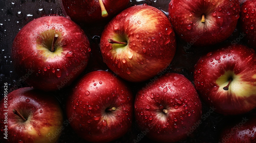 Fresh healthy & organic red apples with drops of water. From above. Close up. Macro. Greens. Food magazine. Food Design. Close up of red apples. Fruit. Generative AI. Fresh healthy & organic red apples with drops of water. From above. Close up. Macro. Greens. Food magazine. Food Design. Close up of red apples. Fruit. Generative AI.