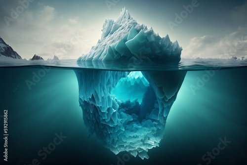 The Concept of Global Warming Underwater. An Illustration of an Iceberg. Generative AI