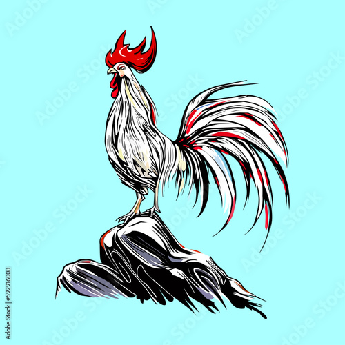 Colored vector  inked style rooster wall art