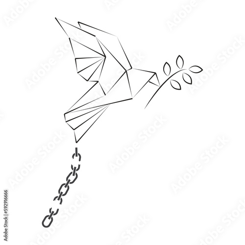 origami dove of peace with olive branch flying for liberty, break the chains message, vector, illustration