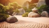 Idyllic Zen garden background. Сurly trees, sand, stones.