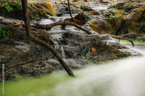 Long exposure shot of a river and a waterfall in a green forest during the daytime