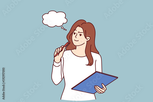 Pensive girl with clipboard makes plan for year or checklist for going to grocery store. Young girl looks up in anticipation of muse and comes up with idea for writing fictional story or play. 