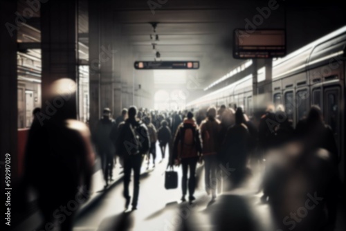 Blurred crowd people walking in train station. Generative AI