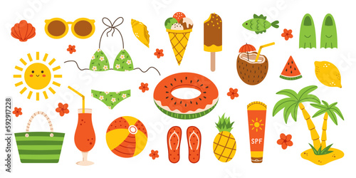 Vector summer set in flat design. Beach collection of sun, palm tree, ice cream, sunglasses, swimsuit, cocktail, coconut. Colorful summer design elements in red, yellow and green colors.