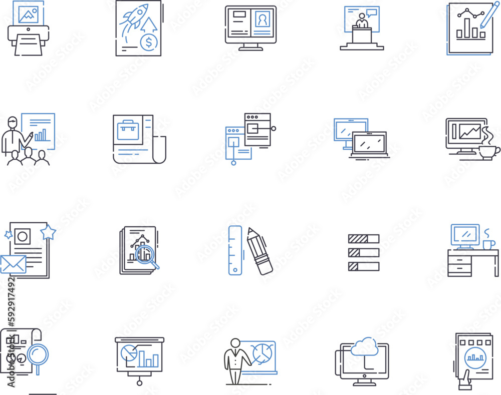 Presentation outline icons collection. Presentation, Speech, Slideshow, Demonstration, Exposition, Talk, Lecture vector and illustration concept set. Introduction, Performance, Address linear signs Presentation outline icons collection. Presentation, Speech, Slideshow, Demonstration, Exposition, Talk, Lecture vector and illustration concept set. Introduction, Performance, Address linear signs