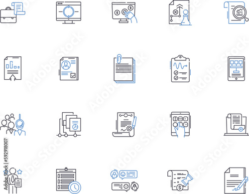 Survey and research outline icons collection. Surveying, Researching, Questioning, Examining, Investigating, Analysis, Analyzing vector and illustration concept set. Polling, Probing, Measuring linear
