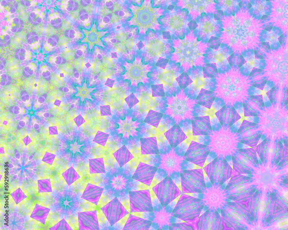 Abstract floral hexagonal fractal art background, reminiscent of islamic tiling or millefiori glass.