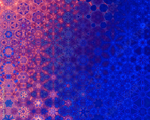 Abstract floral hexagonal fractal art background with copy space, reminiscent of islamic tiling or millefiori glass.