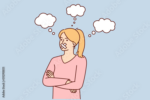 Woman with mouth sealed stands with arms crossed arranging boycott due to resentment or censorship