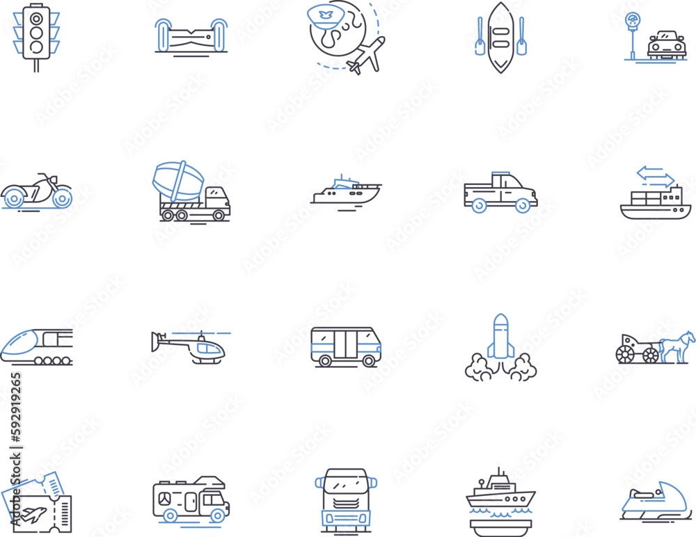 Naklejka premium Transportation outline icons collection. Train, Bus, Plane, Taxi, Ferry, Boat, Automobile vector and illustration concept set. Motorcycle, Scooter, Bicycle linear signs