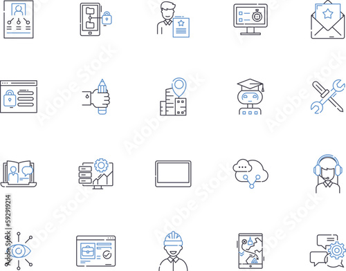 Admin outline icons collection. Administrator, Administering, Management, Overseeing, Governance, Operating, Supervising vector and illustration concept set. Coordinating, Presiding, Executing linear