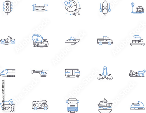 Transportation outline icons collection. Train, Bus, Plane, Taxi, Ferry, Boat, Automobile vector and illustration concept set. Motorcycle, Scooter, Bicycle linear signs