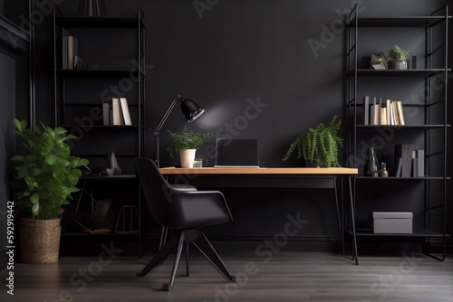 interior background screen trendy pc wall home lifestyle table modern shelves desk. Generative AI.