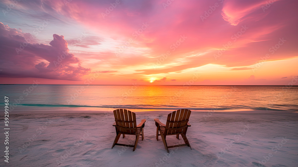 Beautiful tropical sunset scenery, two sun beds. White sand, sea view with horizon, colorful twilight sky, calmness and relaxation.