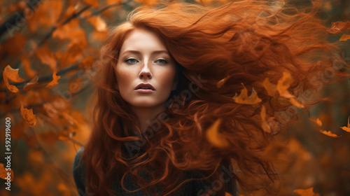 Beautiful redhead girl with flying hair in the autumn forest. Generative AI