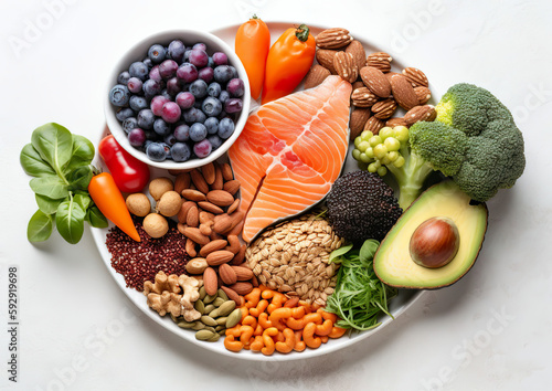 The healthy food selection includes many fresh ingredients to promote a balanced and nutritious diet. Other healthy ingredients include lean proteins. AI generated illustration.