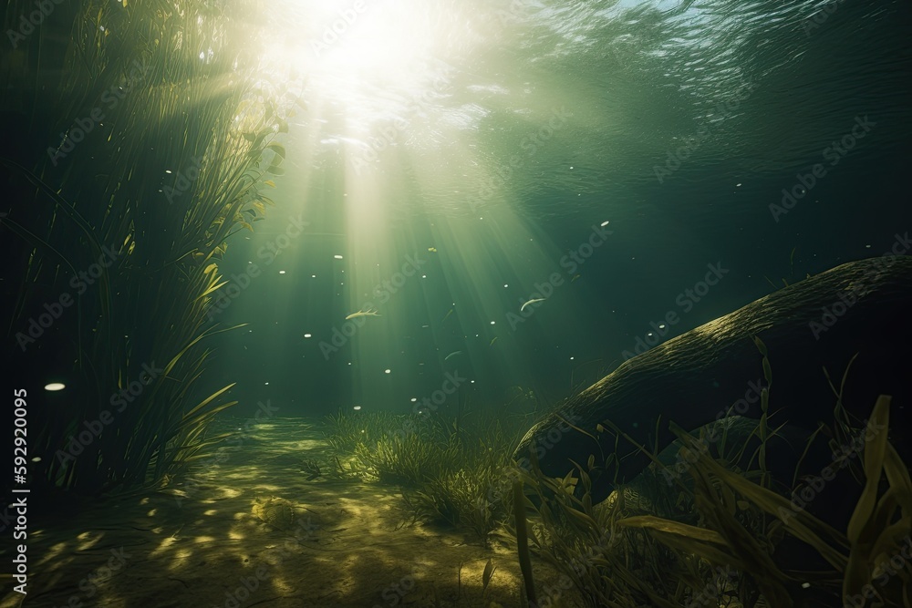 underwater scene of a river, created with AI, generative AI, AI