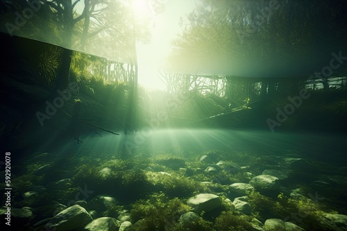 underwater scene of a river, created with AI, generative AI, AI © RMKD
