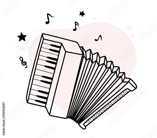 Hand drawn doodle Old red Accordion icon isolated on a white background. Vector illustration musical instrument. Cartoon sound concept symbol element. 