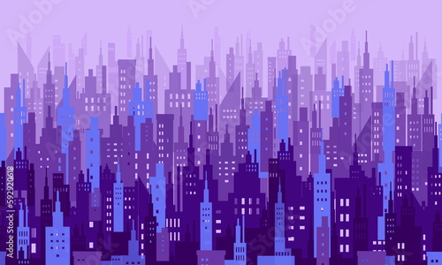 Different sizes of royal purple buildings that are joined together to look like part of the city