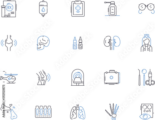 Hospital outline icons collection. Hospital, Clinic, Facility, Care, Treatment, Medicine, Ward vector and illustration concept set. Emergency, Surgery, Illness linear signs
