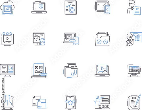 Presentation outline icons collection. Presentation, Speech, Slideshow, Demonstration, Exposition, Talk, Lecture vector and illustration concept set. Introduction, Performance, Address linear signs