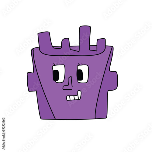 Bright purple face character doodle style, vector illustration isolated on white background. Funny decorative design element, childish, positive emotions (ID: 592921460)