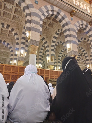 Medina, Saudi Arabia - October 07, 2022: The interior architecture Of Al-Masjid An-Nabawi (Prophet's Mosque) Is A Mosque Established And Originally Built By The Prophet Muhammad PBUH. photo