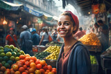 A smiling young woman in a colorful fruit and vegetables market. Created with Generative AI technology.