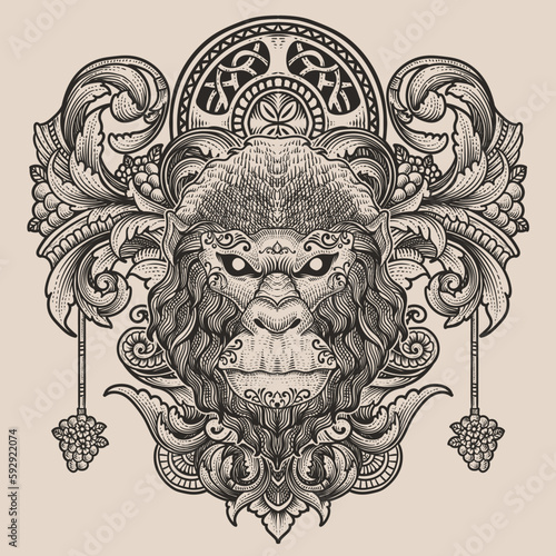 Illustration vector antique gorilla head with vintage engraving ornament in back perfect for your merchandise and T shirt