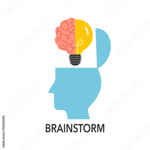 Brainstorm concept vector illustration. Silhouette of opened human head with brain lightbulb.