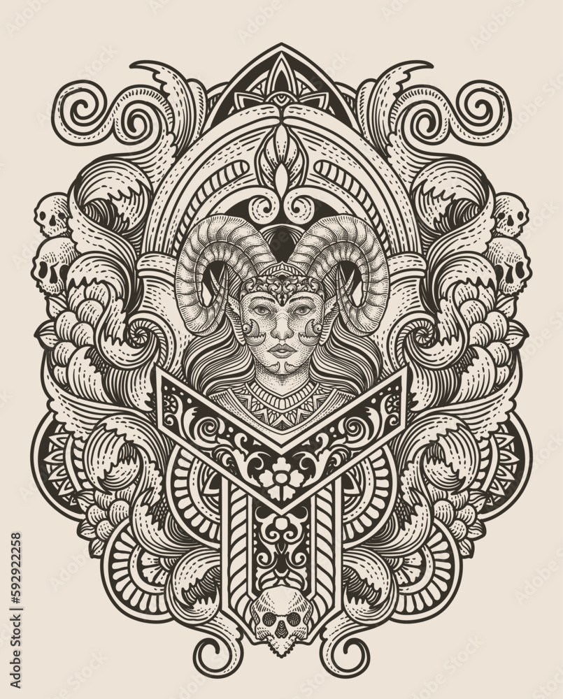 Fototapeta premium Vector illustration. beautiful demon girl with vintage engraving ornament style perfect for your business and T shirt merchandise