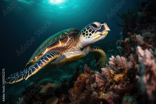 A turtle swimming under water, generative AI