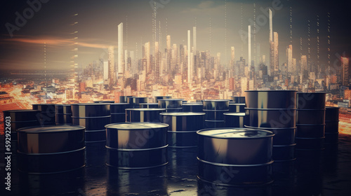 Oil Barrels on the background of the stock market city background photo