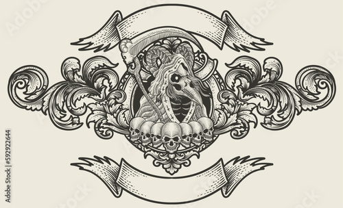 Illustration of scary grim reaper skull with vintage engraving ornament in back perfect for your business and Merchandise