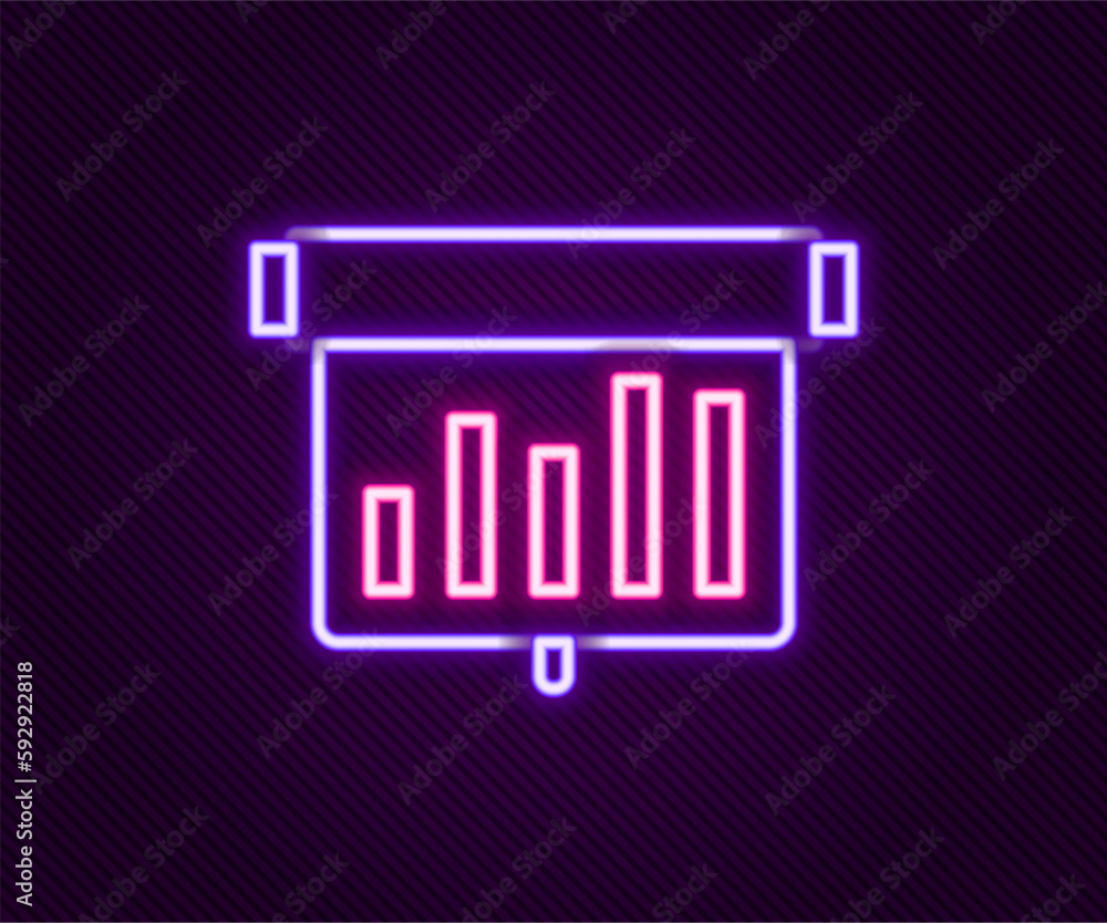 Glowing neon line Board with graph chart icon isolated on black background. Report text file icon. Accounting sign. Audit, analysis, planning. Colorful outline concept. Vector Glowing neon line Board with graph chart icon isolated on black background. Report text file icon. Accounting sign. Audit, analysis, planning. Colorful outline concept. Vector