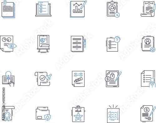 Documents outline icons collection. Files, Records, Papers, Forms, Certificates, Contracts, Letters vector and illustration concept set. Memos, Reports, Specifications linear signs