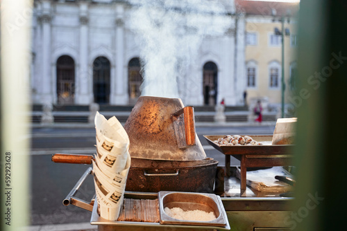 Roasted chestnuts sold at streets of Lisbon, Portugal.