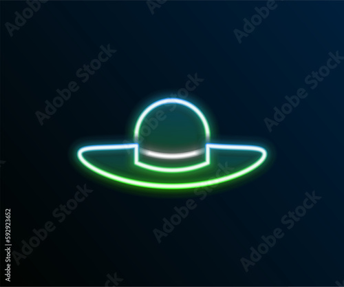 Glowing neon line Elegant women hat icon isolated on black background. Colorful outline concept. Vector
