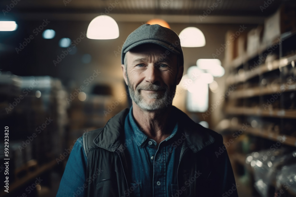 Handsome mature confident mechanic man looking at camera in workshop. Generative AI Handsome mature confident mechanic man looking at camera in workshop. Generative AI