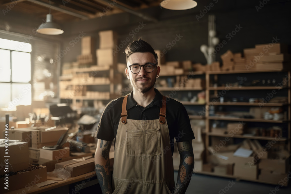 Fototapeta premium Mature cheerful employee man looking at camera in workshop. Generative AI