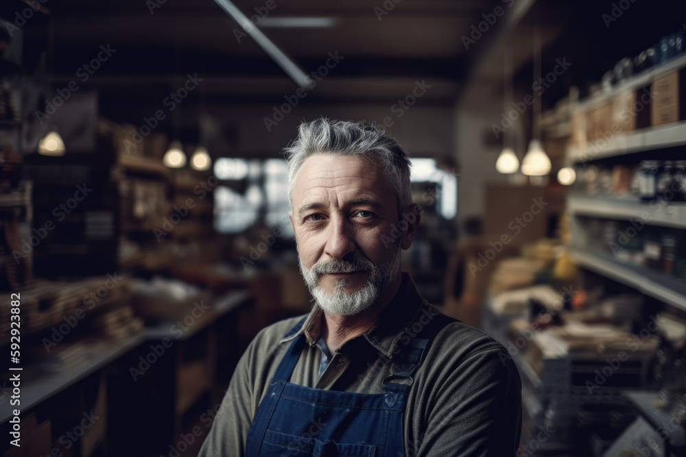 Mature cheerful employee man looking at camera in workshop. Generative AI Mature cheerful employee man looking at camera in workshop. Generative AI