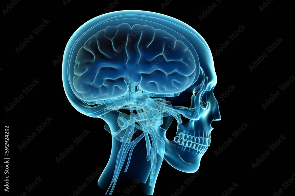 MRI magnetic resonance image of a human head with skeleton, blue, view from the side MRI magnetic resonance image of a human head with skeleton, blue, view from the side