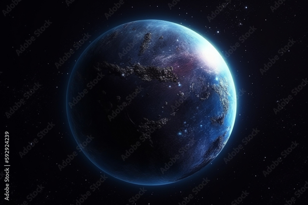 Obraz premium view of a Futuristic blue Planet exoplanet, living on other planets, aliens, telescope