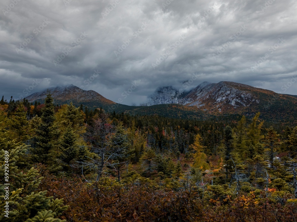 Scenic view from Chimney Pond Trail looking at the Baxter Peak on a cloudy day