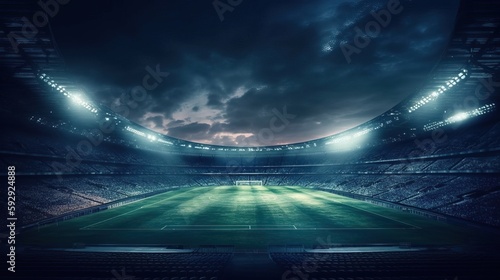 Stadium in lights and flashes. Generative AI  © Diatomic