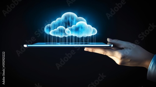 Cloud Computing Data Transfer into Cloud with a Tablet, AI Generative photo