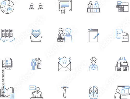 Business ethics outline icons collection. Integrity, Morality, Respect, Responsibility, Honesty, Fairness, Confidentiality vector and illustration concept set. Credibility, Trust, Values linear signs
